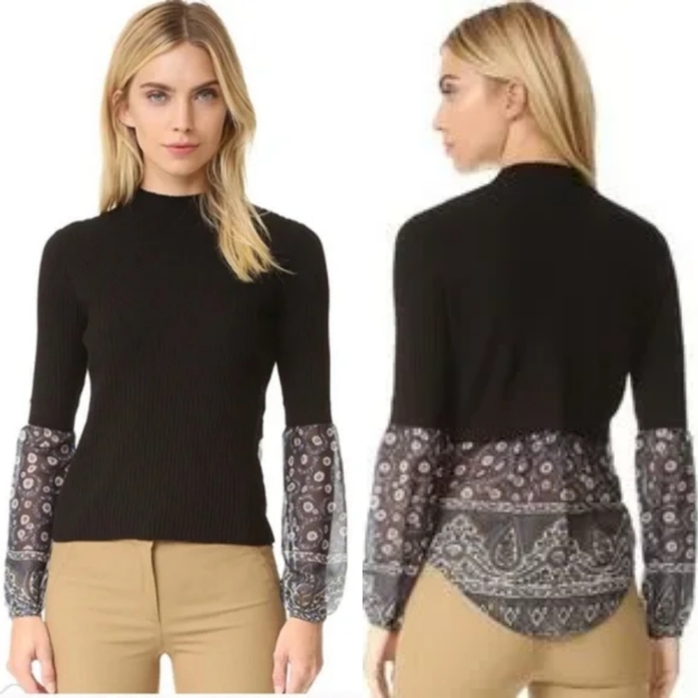 Veronica Beard Moon Ribbed Mixed-Media Sweater, Black